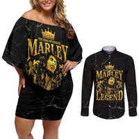 Reggae King Marley Couples Matching Off Shoulder Short Dress and Long Sleeve Button Shirt Gold Lion