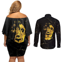 Reggae King Marley Couples Matching Off Shoulder Short Dress and Long Sleeve Button Shirt Gold Lion