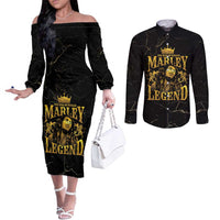 Reggae King Marley Couples Matching Off The Shoulder Long Sleeve Dress and Long Sleeve Button Shirt Gold Lion