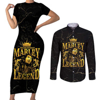 Reggae King Marley Couples Matching Short Sleeve Bodycon Dress and Long Sleeve Button Shirt Gold Lion