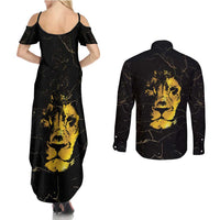 Reggae King Marley Couples Matching Summer Maxi Dress and Long Sleeve Button Shirt Gold Lion
