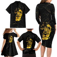 Reggae King Marley Family Matching Long Sleeve Bodycon Dress and Hawaiian Shirt Gold Lion