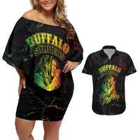 Reggae King Buffalo Soldier Couples Matching Off Shoulder Short Dress and Hawaiian Shirt Honoring The Legend