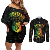 Reggae King Buffalo Soldier Couples Matching Off Shoulder Short Dress and Long Sleeve Button Shirt Honoring The Legend