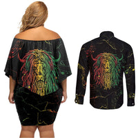Reggae King Buffalo Soldier Couples Matching Off Shoulder Short Dress and Long Sleeve Button Shirt Honoring The Legend