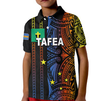 Kids black polo shirt with colorful Polynesian tribal graphic and TAFEa front design