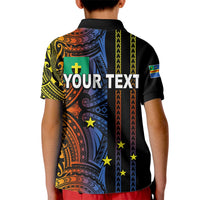 Kids black polo shirt with colorful Polynesian tribal back graphic and 'YOUR TEXT' print