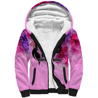 Pink sherpa hoodie with rose pattern, black horse graphic, sherpa-lined hood
