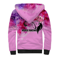 Pink hoodie with rose print and bold "HORSE RACING" graphic, black cuffs