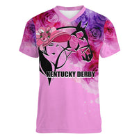 Women’s pink v-neck t-shirt with horse graphic, roses, and “KENTUCKY DERBY” text