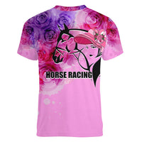 Women’s pink v-neck t-shirt with horse racing print, roses, and “HORSE RACING” text