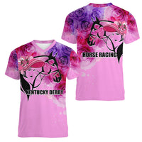 Two women’s pink v-neck t-shirts showing front and back horse racing graphics with roses
