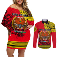Papua New Guinea Couples Matching Off Shoulder Short Dress and Long Sleeve Button Shirts Melanesian Festival 2023 LT6 - Wonder Print Shop