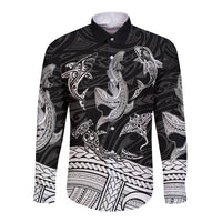 Polynesian Tribal Long Sleeve Button Shirt with Sharks Tattoo White LT6 - Wonder Print Shop