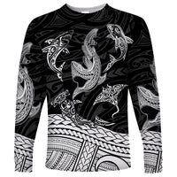 Polynesian Tribal Long Sleeve Shirt with Sharks Tattoo White LT6 - Wonder Print Shop