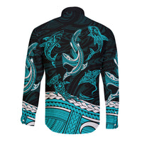 Polynesian Tribal Long Sleeve Button Shirt with Sharks Tattoo Green LT6 - Wonder Print Shop