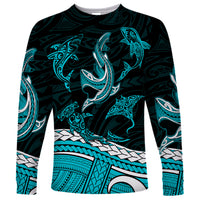 Polynesian Tribal Long Sleeve Shirt with Sharks Tattoo Green LT6 - Wonder Print Shop
