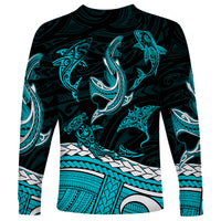 Polynesian Tribal Long Sleeve Shirt with Sharks Tattoo Green LT6 - Wonder Print Shop