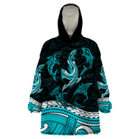 Polynesian Tribal Wearable Blanket Hoodie with Sharks Tattoo Green LT6 - Wonder Print Shop