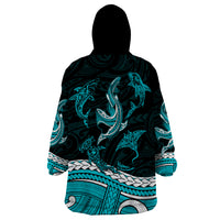 Polynesian Tribal Wearable Blanket Hoodie with Sharks Tattoo Green LT6 - Wonder Print Shop