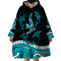 Polynesian Tribal Wearable Blanket Hoodie with Sharks Tattoo Green LT6 - Wonder Print Shop