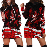 Polynesian Tribal Hoodie Dress with Sharks Tattoo Red LT6 - Wonder Print Shop