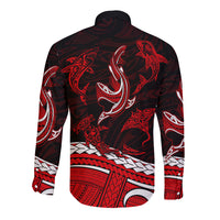 Polynesian Tribal Long Sleeve Button Shirt with Sharks Tattoo Red LT6 - Wonder Print Shop