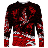 Polynesian Tribal Long Sleeve Shirt with Sharks Tattoo Red LT6 - Wonder Print Shop