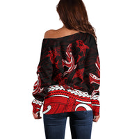 Polynesian Tribal Off Shoulder Sweater with Sharks Tattoo Red LT6 - Wonder Print Shop