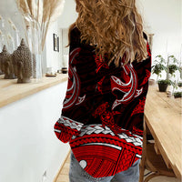 Polynesian Tribal Women Casual Shirt with Sharks Tattoo Red LT6 - Wonder Print Shop