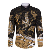 Polynesian Tribal Long Sleeve Button Shirt with Sharks Tattoo Gold LT6 - Wonder Print Shop