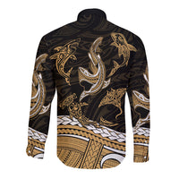 Polynesian Tribal Long Sleeve Button Shirt with Sharks Tattoo Gold LT6 - Wonder Print Shop