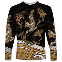 Polynesian Tribal Long Sleeve Shirt with Sharks Tattoo Gold LT6 - Wonder Print Shop