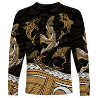 Polynesian Tribal Long Sleeve Shirt with Sharks Tattoo Gold LT6 - Wonder Print Shop