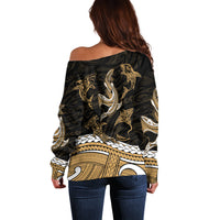 Polynesian Tribal Off Shoulder Sweater with Sharks Tattoo Gold LT6 - Wonder Print Shop