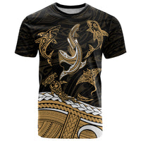 Polynesian Tribal T Shirt with Sharks Tattoo Gold LT6 - Wonder Print Shop