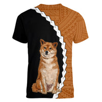 Custom Shiba Inu Dog Women V Neck T Shirt With Polynesian Tribal Tattoo LT6 - Wonder Print Shop