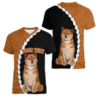 Custom Shiba Inu Dog Women V Neck T Shirt With Polynesian Tribal Tattoo LT6 - Wonder Print Shop
