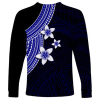 Polynesian Long Sleeve Shirt With Plumeria Flower Blue LT6 - Wonder Print Shop