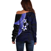 Polynesian Off Shoulder Sweater With Plumeria Flower Blue LT6 - Wonder Print Shop