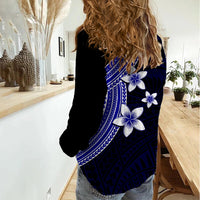Polynesian Women Casual Shirt With Plumeria Flower Blue LT6 - Wonder Print Shop