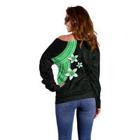 Polynesian Off Shoulder Sweater With Plumeria Flower Green LT6 - Wonder Print Shop