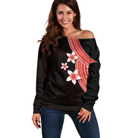 Polynesian Off Shoulder Sweater With Plumeria Flower Red LT6 - Wonder Print Shop
