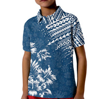 Kids dark blue polo shirt with white palm and Polynesian tribal print