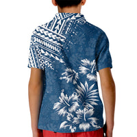 Kids dark blue polo shirt, back view, white palm and tribal print