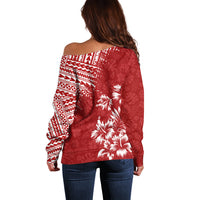 Hawaii Summer Off Shoulder Sweater Mix Polynesian Red LT6 - Wonder Print Shop