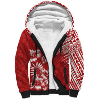 Red sherpa-lined zip hoodie with black drawstrings and white Polynesian print panel