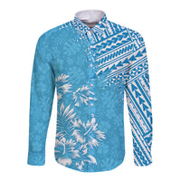 Hawaii Summer Long Sleeve Button Shirt Mix Polynesian Light Blue LT6 - Wonder Print Shop