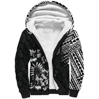 Unisex black sherpa-lined hoodie with Polynesian geometric print and floral front