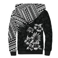 Unisex black sherpa hoodie with geometric hood and large tropical floral chest print